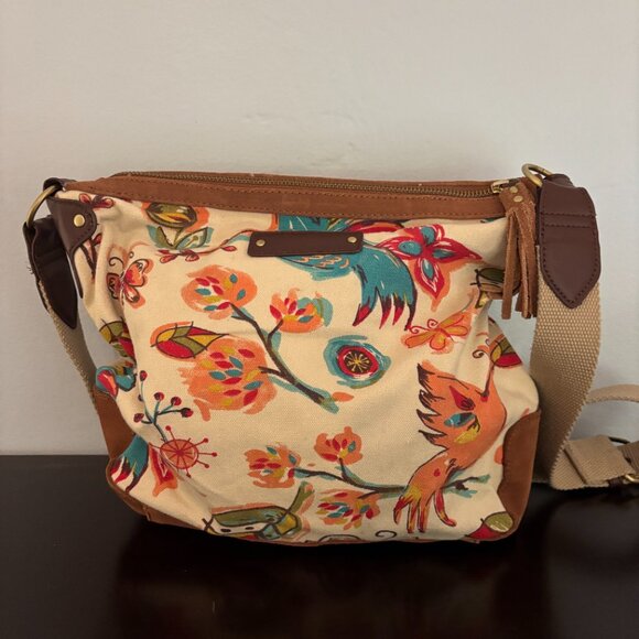 Lucky Brand Flowers and Butterfly Patterned Canvas Brown Suede Shoulder Bag - Picture 4 of 13